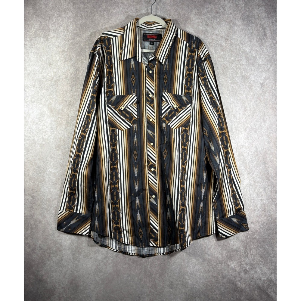 Rock & Roll Denim Shirt Mens XL Multi Aztec Stripe Modern Fit Western Pearl Snap